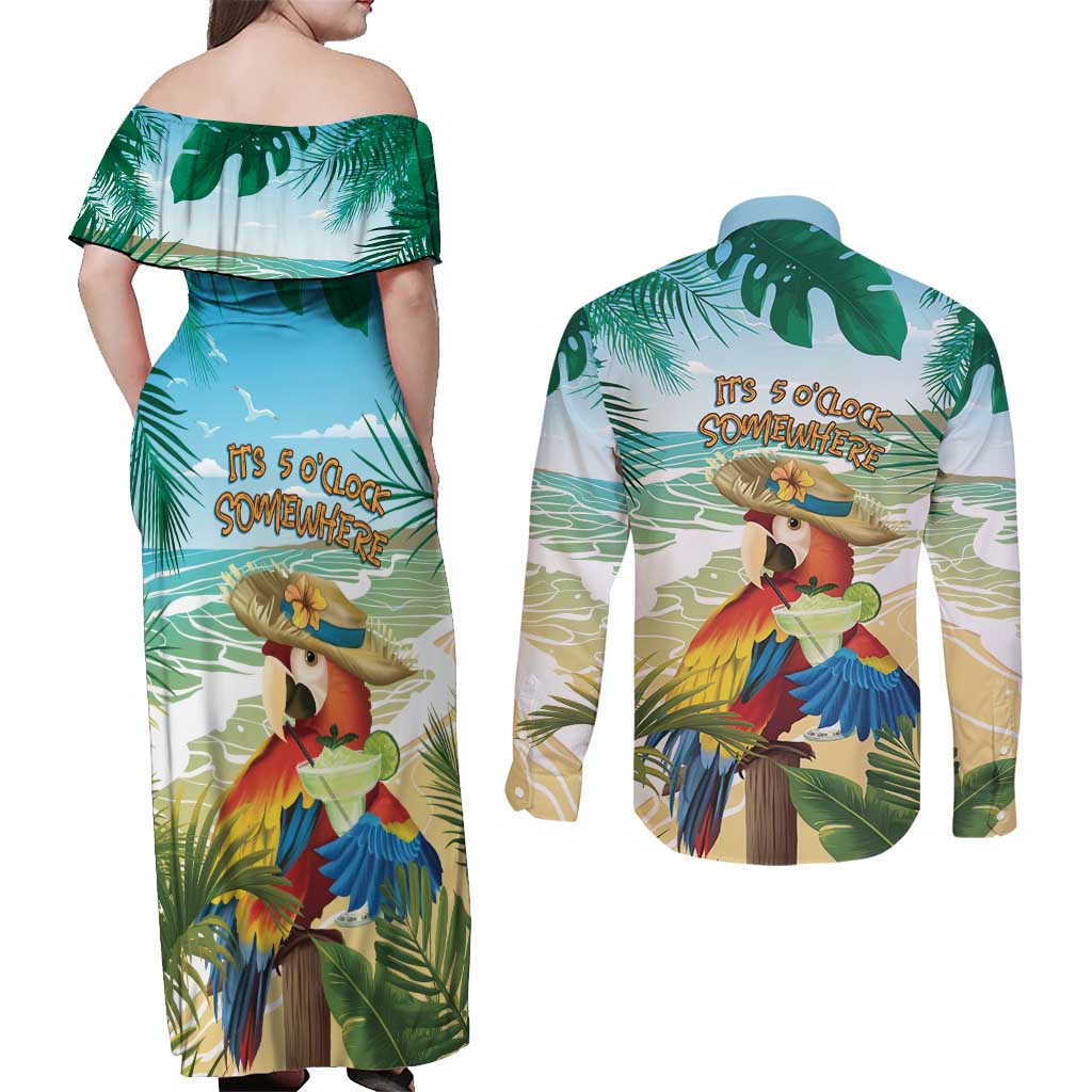 Aloha Hawaii It's 5 o'clock Somewhere Couples Matching Off Shoulder Maxi Dress and Long Sleeve Button Shirt LT7 - Polynesian Pride