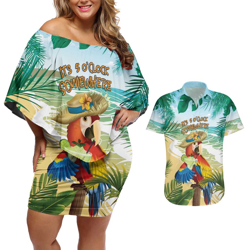 Aloha Hawaii It's 5 o'clock Somewhere Couples Matching Off Shoulder Short Dress and Hawaiian Shirt LT7 Blue - Polynesian Pride
