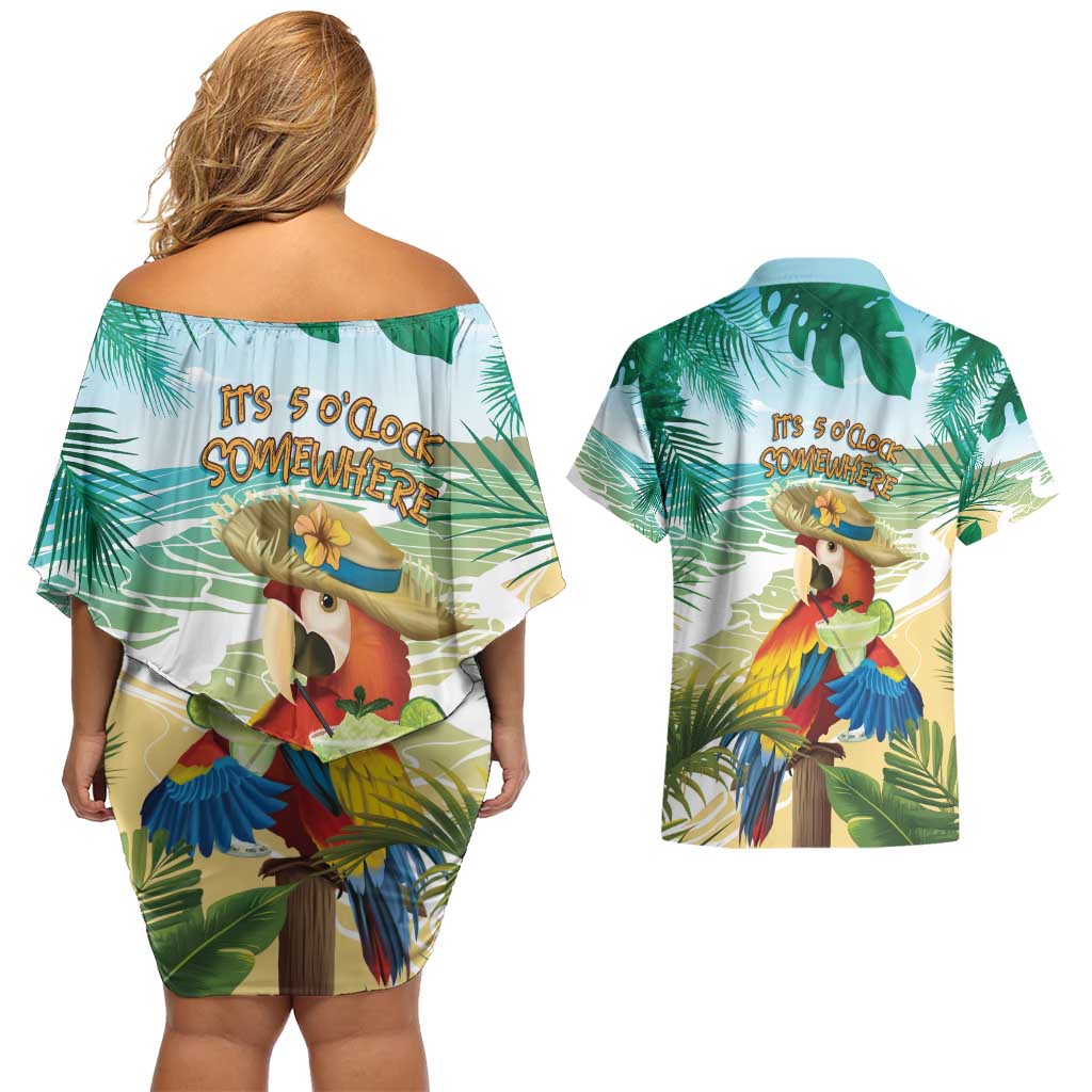 Aloha Hawaii It's 5 o'clock Somewhere Couples Matching Off Shoulder Short Dress and Hawaiian Shirt LT7 - Polynesian Pride