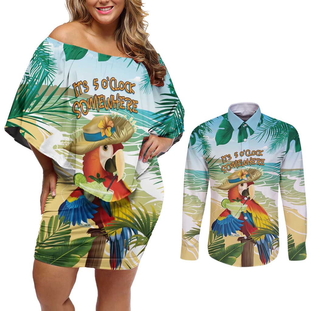 Aloha Hawaii It's 5 o'clock Somewhere Couples Matching Off Shoulder Short Dress and Long Sleeve Button Shirt LT7 Blue - Polynesian Pride