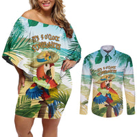 Aloha Hawaii It's 5 o'clock Somewhere Couples Matching Off Shoulder Short Dress and Long Sleeve Button Shirt LT7 Blue - Polynesian Pride