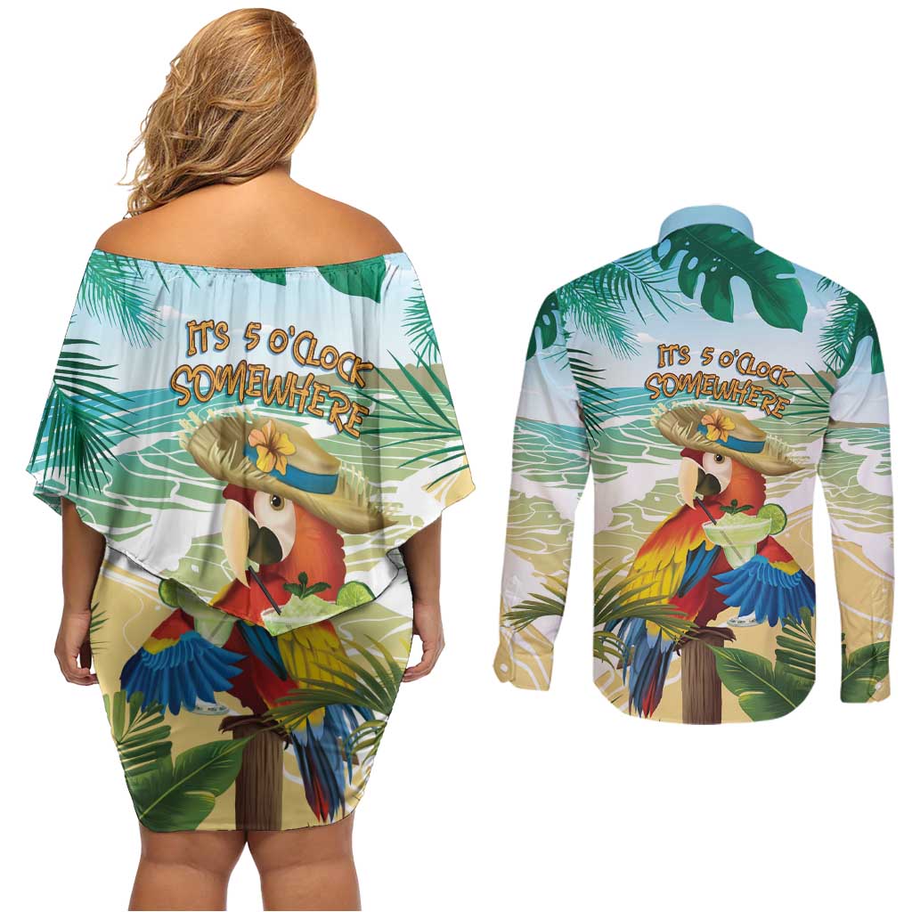 Aloha Hawaii It's 5 o'clock Somewhere Couples Matching Off Shoulder Short Dress and Long Sleeve Button Shirt LT7 - Polynesian Pride