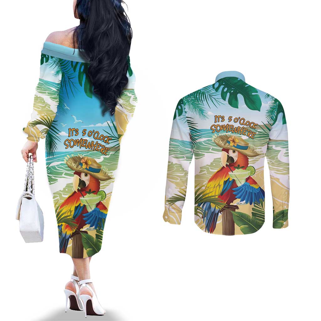 Aloha Hawaii It's 5 o'clock Somewhere Couples Matching Off The Shoulder Long Sleeve Dress and Long Sleeve Button Shirt LT7 - Polynesian Pride