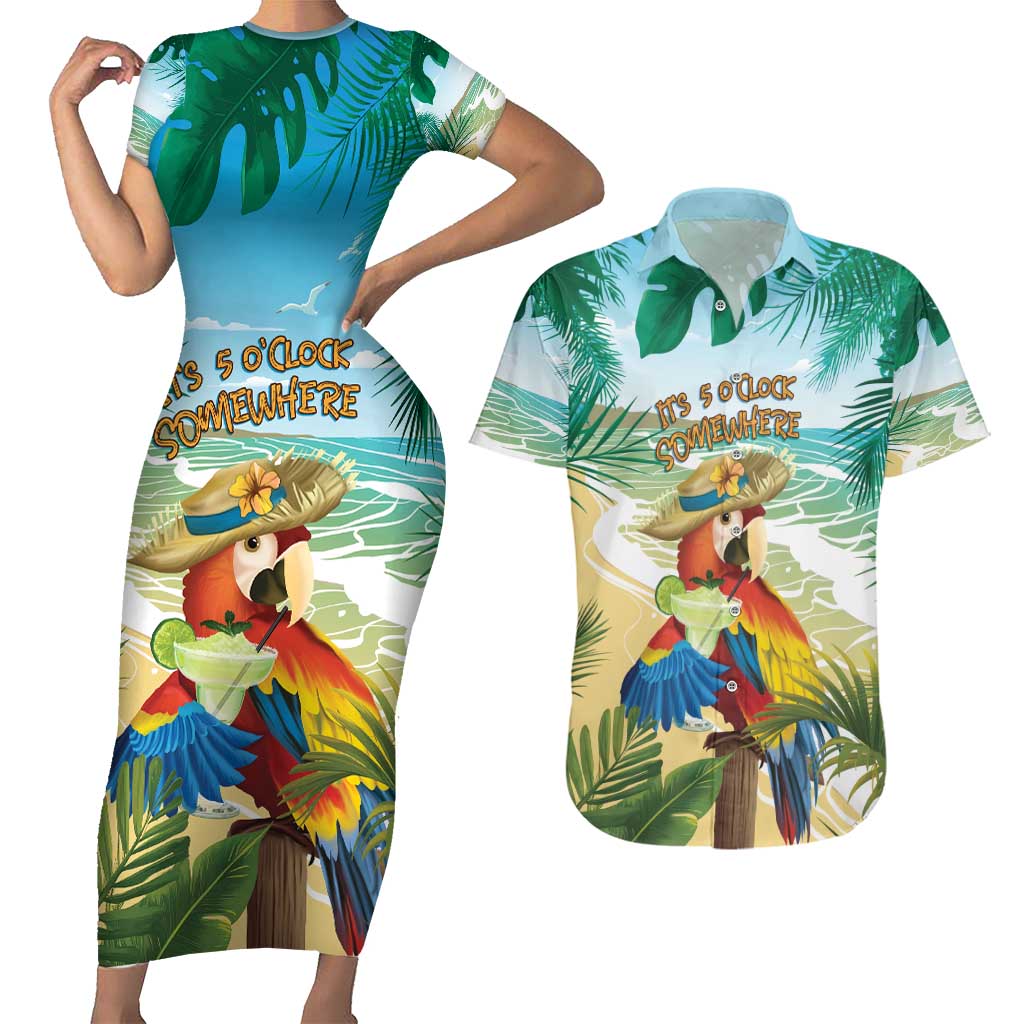 Aloha Hawaii It's 5 o'clock Somewhere Couples Matching Short Sleeve Bodycon Dress and Hawaiian Shirt LT7 Blue - Polynesian Pride