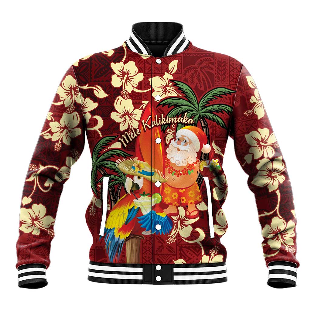 Crimson Red Tropical Christmas Hawaii Tapa Baseball Jacket Aloha Santa Drink Party LT7 Unisex Red - Polynesian Pride