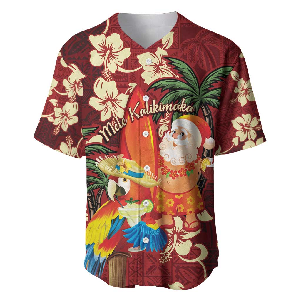Crimson Red Tropical Christmas Hawaii Tapa Baseball Jersey Aloha Santa Drink Party - Polynesian Pride
