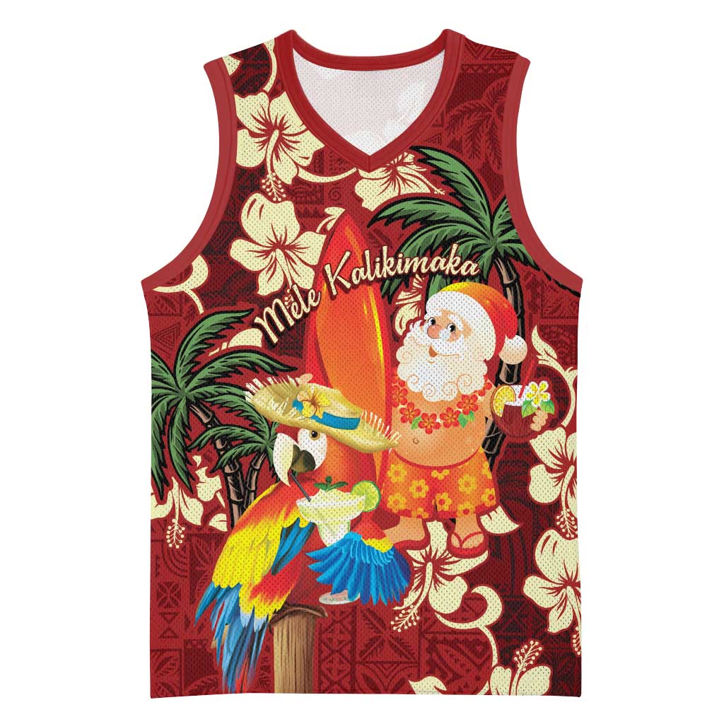 Crimson Red Tropical Christmas Hawaii Tapa Basketball Jersey Aloha Santa Drink Party LT7 Unisex Red - Polynesian Pride