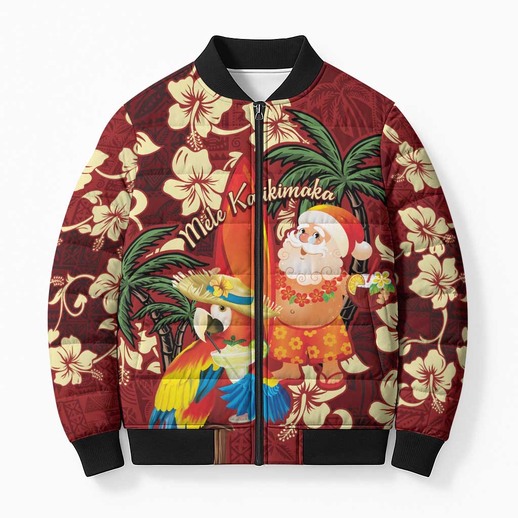 Crimson Red Tropical Christmas Hawaii Tapa Bomber Puffer Jacket Aloha Santa Drink Party LT7 Unisex Red - Polynesian Pride