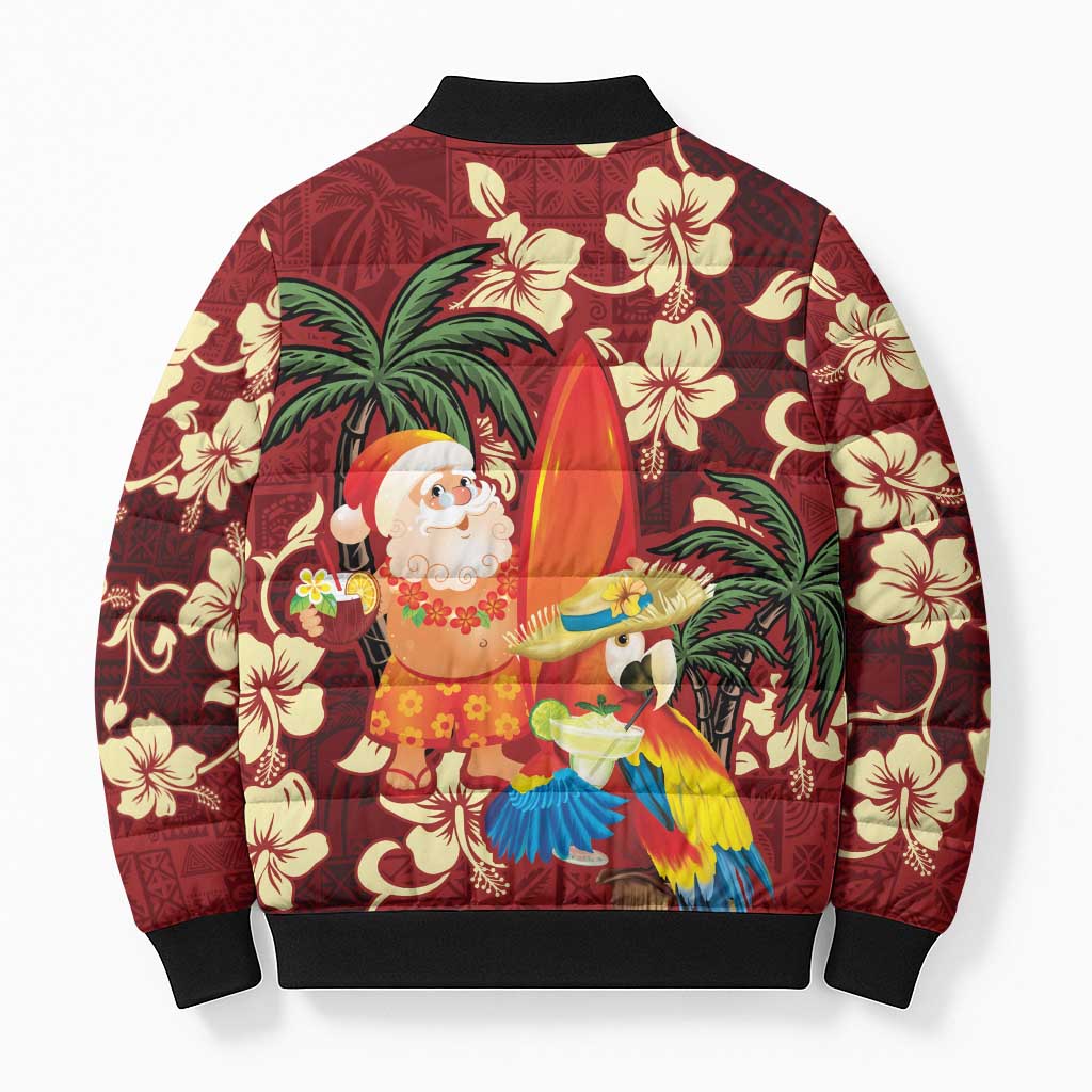 Crimson Red Tropical Christmas Hawaii Tapa Bomber Puffer Jacket Aloha Santa Drink Party LT7 - Polynesian Pride