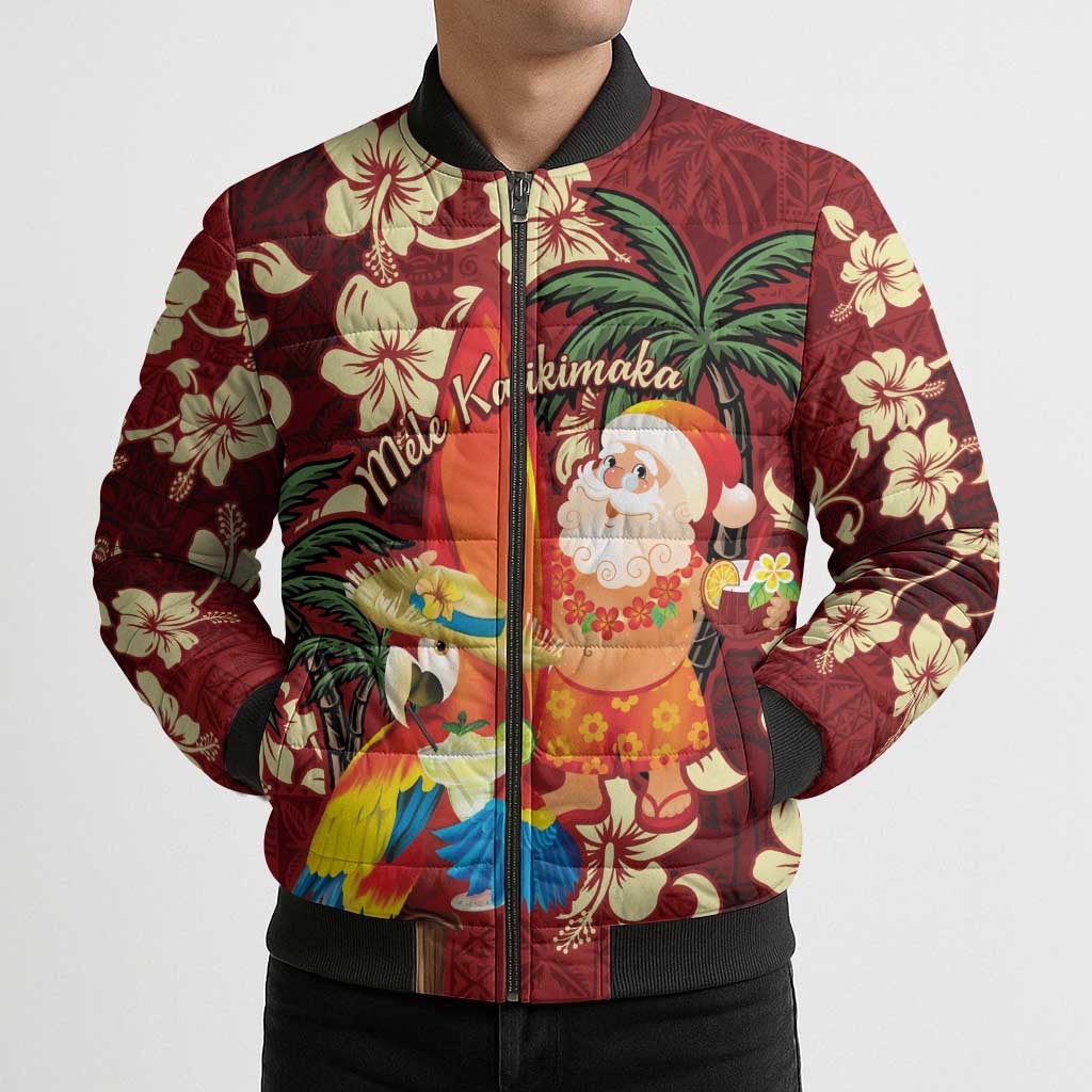Crimson Red Tropical Christmas Hawaii Tapa Bomber Puffer Jacket Aloha Santa Drink Party LT7 - Polynesian Pride