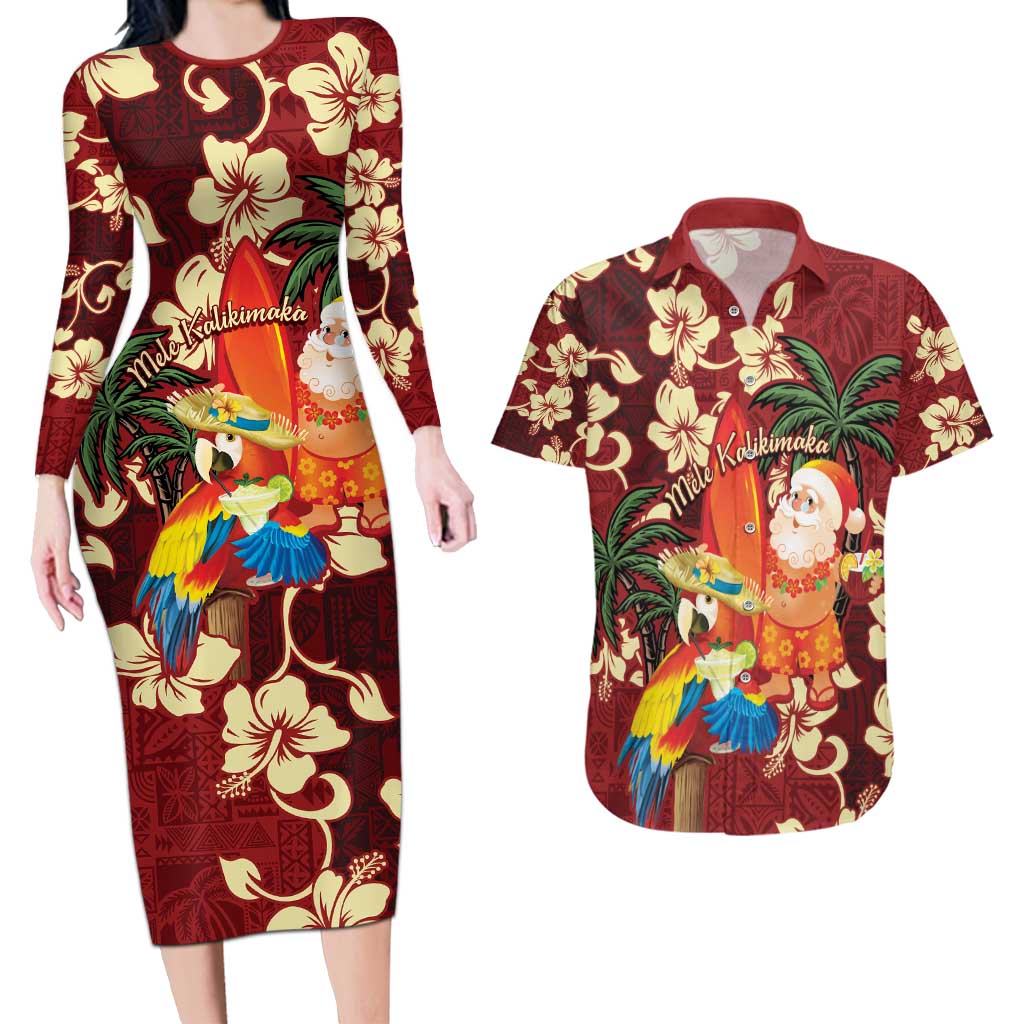 Crimson Red Tropical Christmas Hawaii Tapa Couples Matching Long Sleeve Bodycon Dress and Hawaiian Shirt Aloha Santa Drink Party - Polynesian Pride