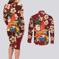 Crimson Red Tropical Christmas Hawaii Tapa Couples Matching Long Sleeve Bodycon Dress and Long Sleeve Button Shirt Aloha Santa Drink Party - Polynesian Pride