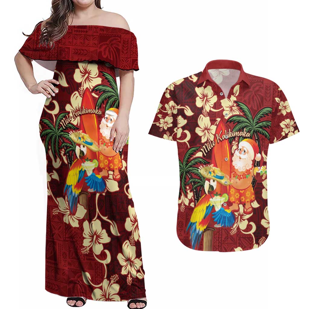 Crimson Red Tropical Christmas Hawaii Tapa Couples Matching Off Shoulder Maxi Dress and Hawaiian Shirt Aloha Santa Drink Party - Polynesian Pride