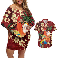 Crimson Red Tropical Christmas Hawaii Tapa Couples Matching Off Shoulder Short Dress and Hawaiian Shirt Aloha Santa Drink Party - Polynesian Pride