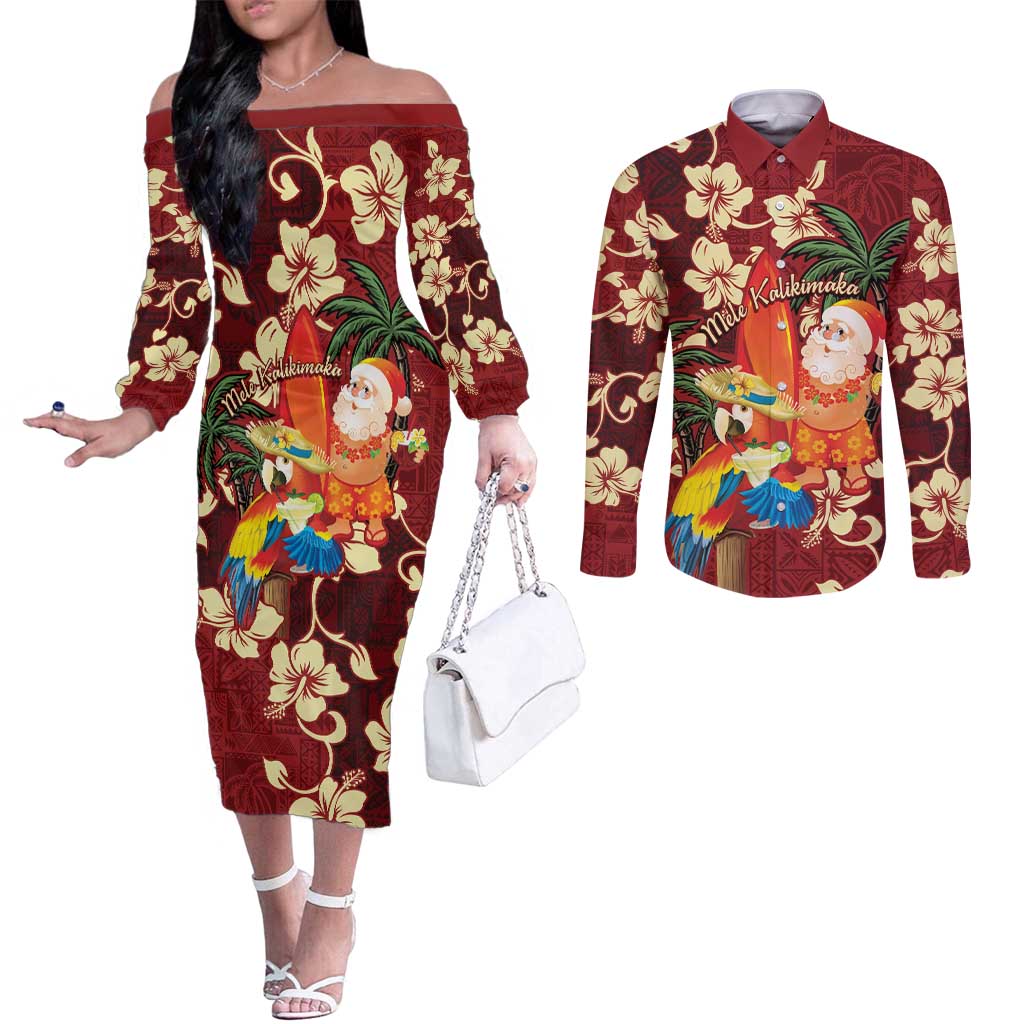 Crimson Red Tropical Christmas Hawaii Tapa Couples Matching Off The Shoulder Long Sleeve Dress and Long Sleeve Button Shirt Aloha Santa Drink Party - Polynesian Pride