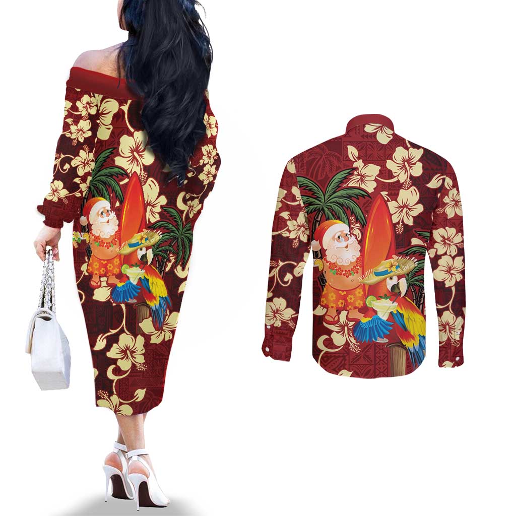 Crimson Red Tropical Christmas Hawaii Tapa Couples Matching Off The Shoulder Long Sleeve Dress and Long Sleeve Button Shirt Aloha Santa Drink Party - Polynesian Pride