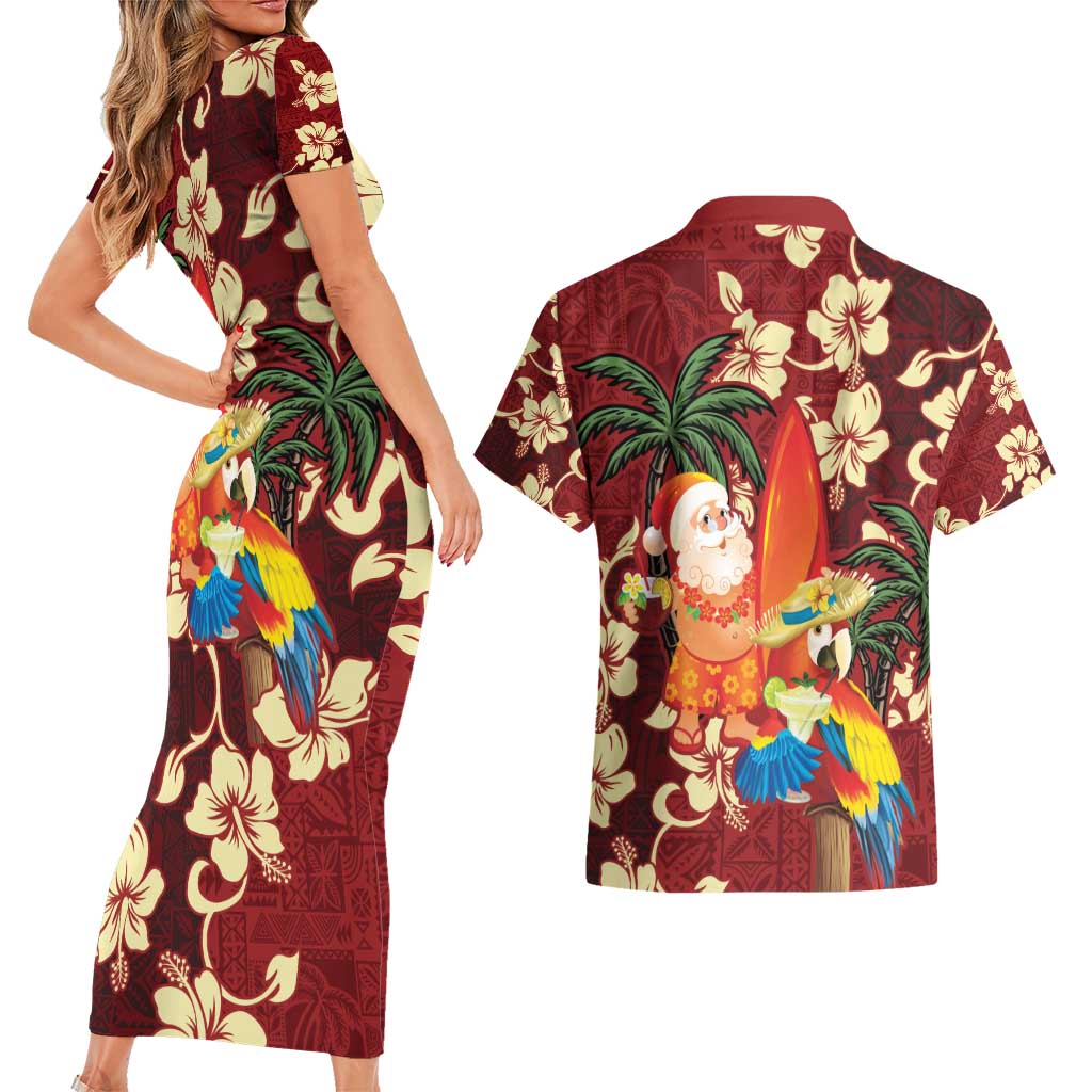 Crimson Red Tropical Christmas Hawaii Tapa Couples Matching Short Sleeve Bodycon Dress and Hawaiian Shirt Aloha Santa Drink Party - Polynesian Pride