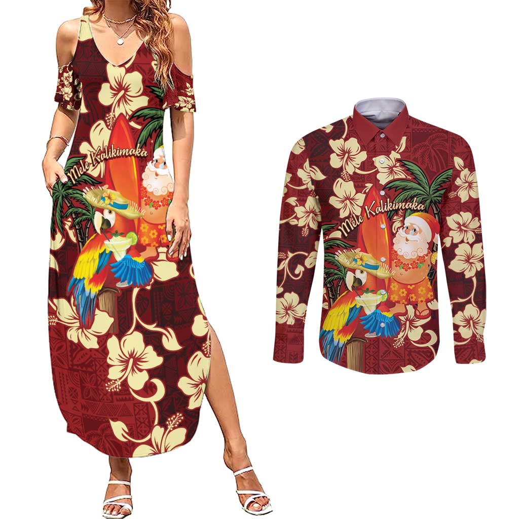 Crimson Red Tropical Christmas Hawaii Tapa Couples Matching Summer Maxi Dress and Long Sleeve Button Shirt Aloha Santa Drink Party - Polynesian Pride
