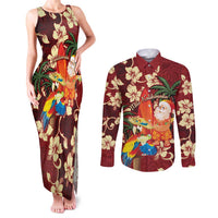 Crimson Red Tropical Christmas Hawaii Tapa Couples Matching Tank Maxi Dress and Long Sleeve Button Shirt Aloha Santa Drink Party - Polynesian Pride