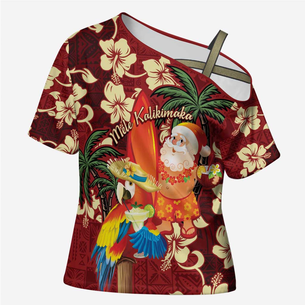 Crimson Red Tropical Christmas Hawaii Tapa Cross Shoulder Shirt Aloha Santa Drink Party LT7 Female Red - Polynesian Pride