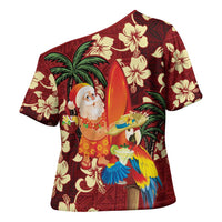 Crimson Red Tropical Christmas Hawaii Tapa Cross Shoulder Shirt Aloha Santa Drink Party LT7 - Polynesian Pride