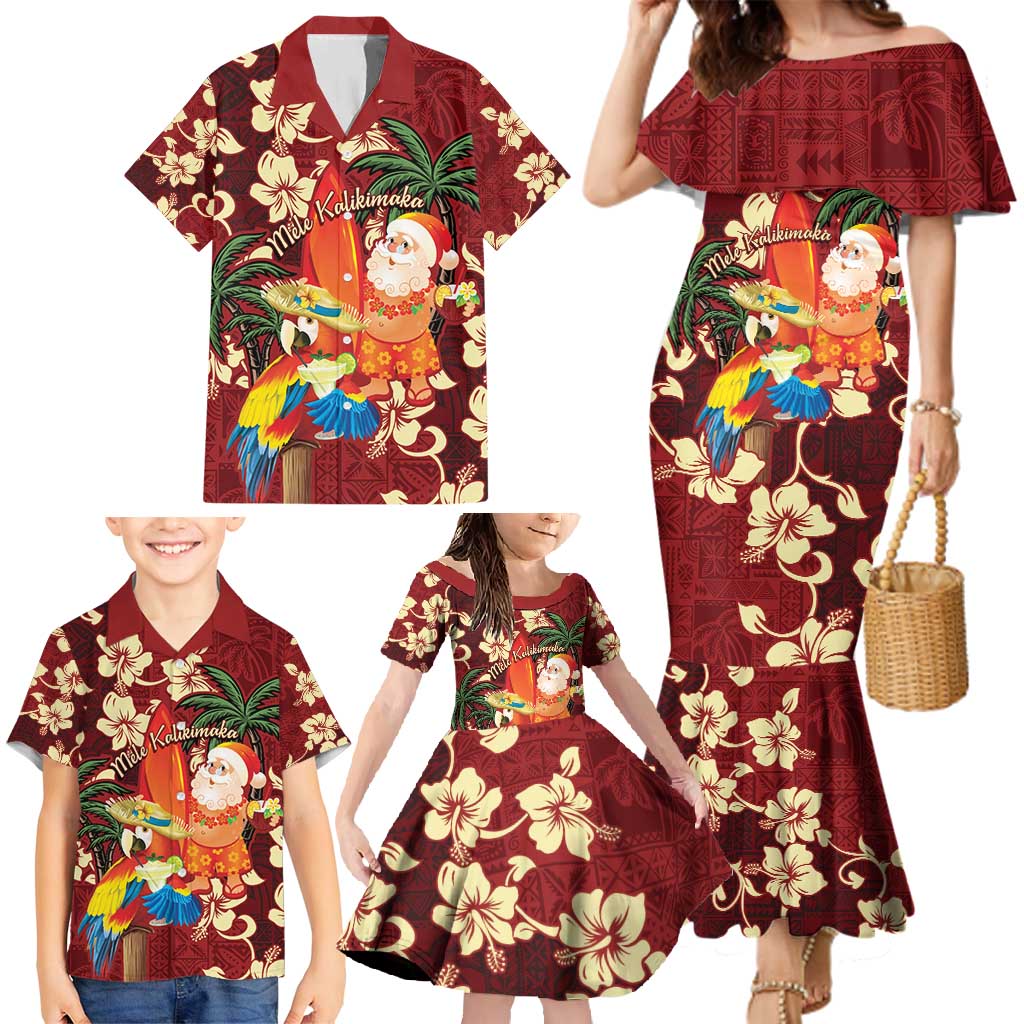 Crimson Red Tropical Christmas Hawaii Tapa Family Matching Mermaid Dress and Hawaiian Shirt Aloha Santa Drink Party - Polynesian Pride