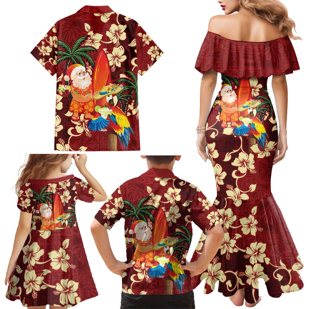 Crimson Red Tropical Christmas Hawaii Tapa Family Matching Mermaid Dress and Hawaiian Shirt Aloha Santa Drink Party - Polynesian Pride