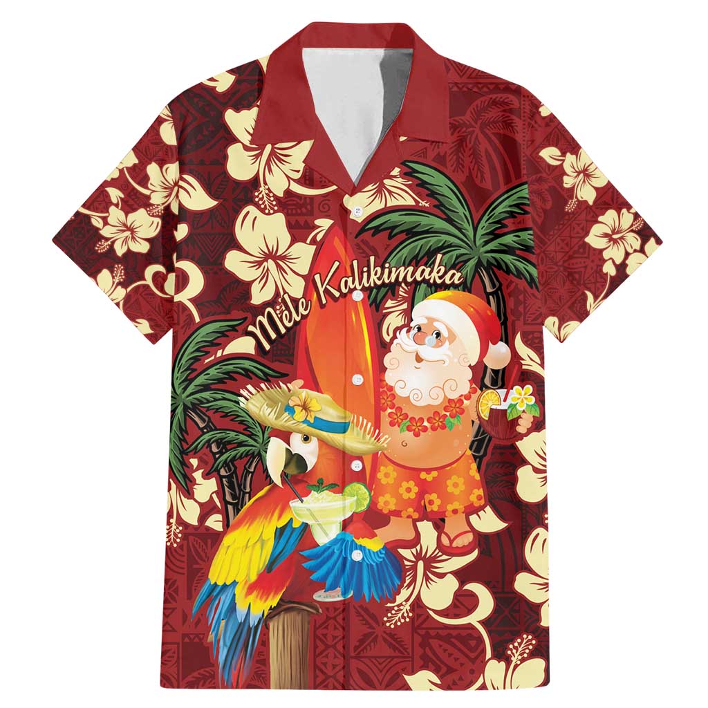 Crimson Red Tropical Christmas Hawaii Tapa Family Matching Mermaid Dress and Hawaiian Shirt Aloha Santa Drink Party - Polynesian Pride