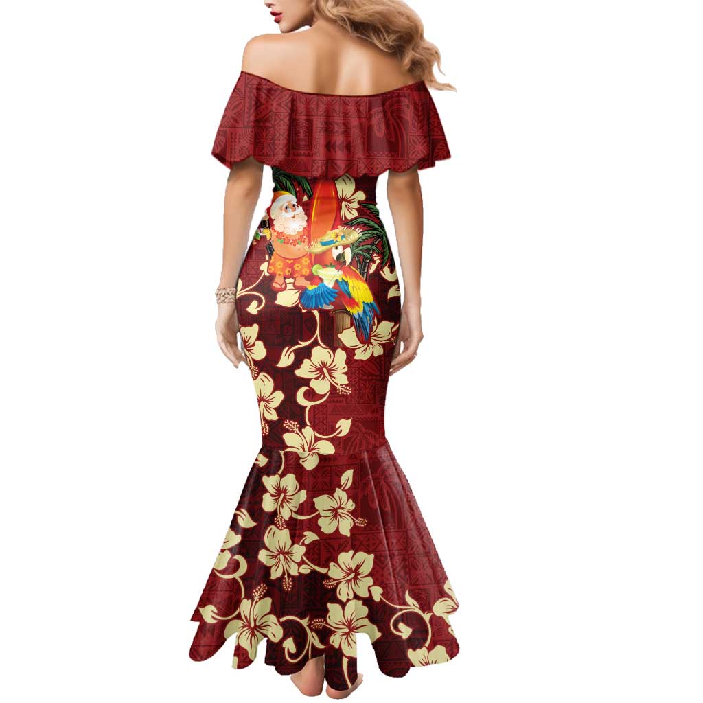 Crimson Red Tropical Christmas Hawaii Tapa Family Matching Mermaid Dress and Hawaiian Shirt Aloha Santa Drink Party - Polynesian Pride