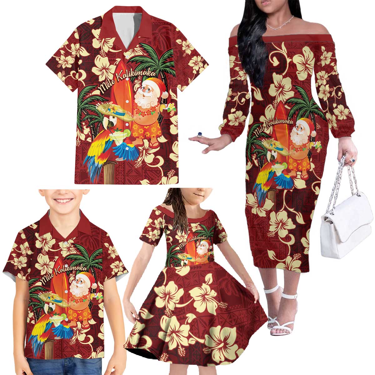 Crimson Red Tropical Christmas Hawaii Tapa Family Matching Off The Shoulder Long Sleeve Dress and Hawaiian Shirt Aloha Santa Drink Party - Polynesian Pride