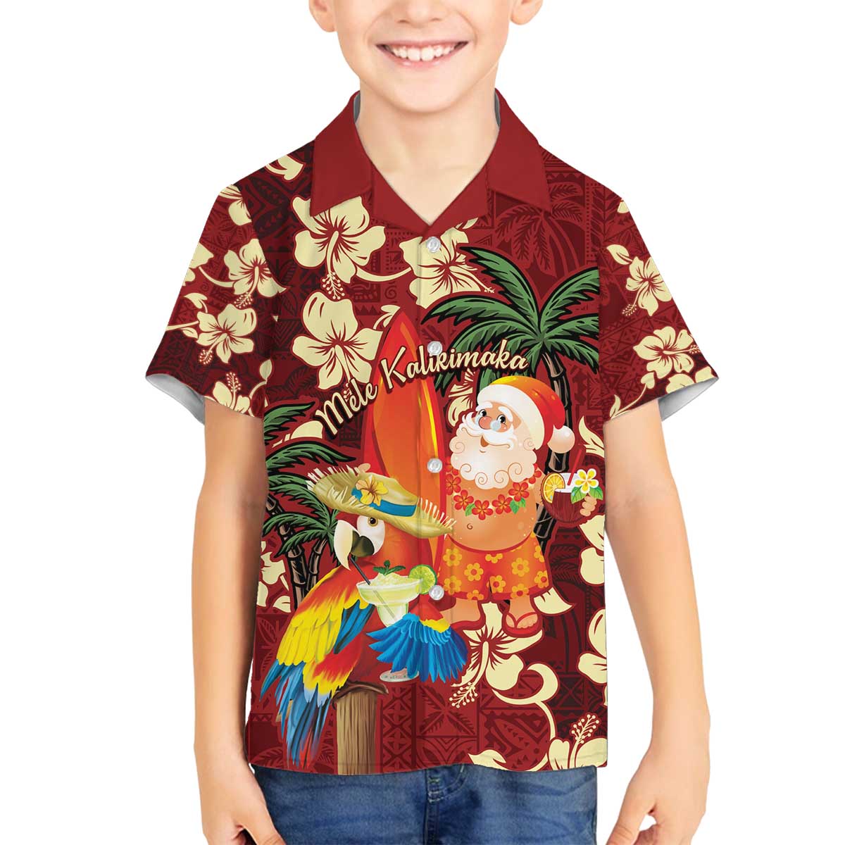 Crimson Red Tropical Christmas Hawaii Tapa Family Matching Off The Shoulder Long Sleeve Dress and Hawaiian Shirt Aloha Santa Drink Party - Polynesian Pride