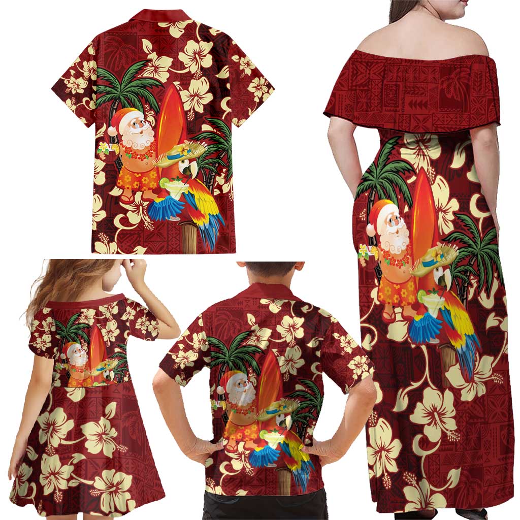 Crimson Red Tropical Christmas Hawaii Tapa Family Matching Off Shoulder Maxi Dress and Hawaiian Shirt Aloha Santa Drink Party - Polynesian Pride