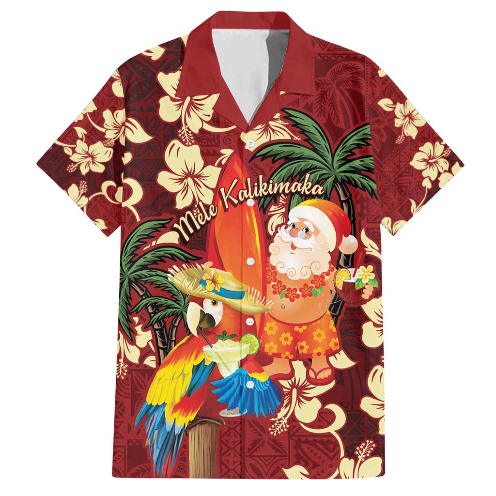 Crimson Red Tropical Christmas Hawaii Tapa Family Matching Off Shoulder Short Dress and Hawaiian Shirt Aloha Santa Drink Party - Polynesian Pride