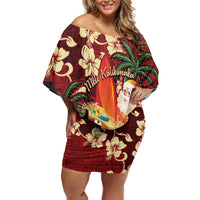 Crimson Red Tropical Christmas Hawaii Tapa Family Matching Off Shoulder Short Dress and Hawaiian Shirt Aloha Santa Drink Party - Polynesian Pride