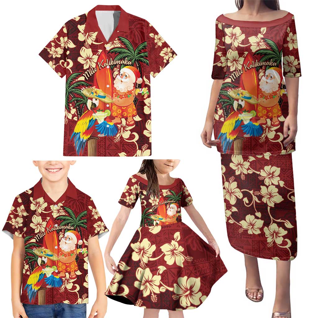 Crimson Red Tropical Christmas Hawaii Tapa Family Matching Puletasi and Hawaiian Shirt Aloha Santa Drink Party LT7 - Polynesian Pride