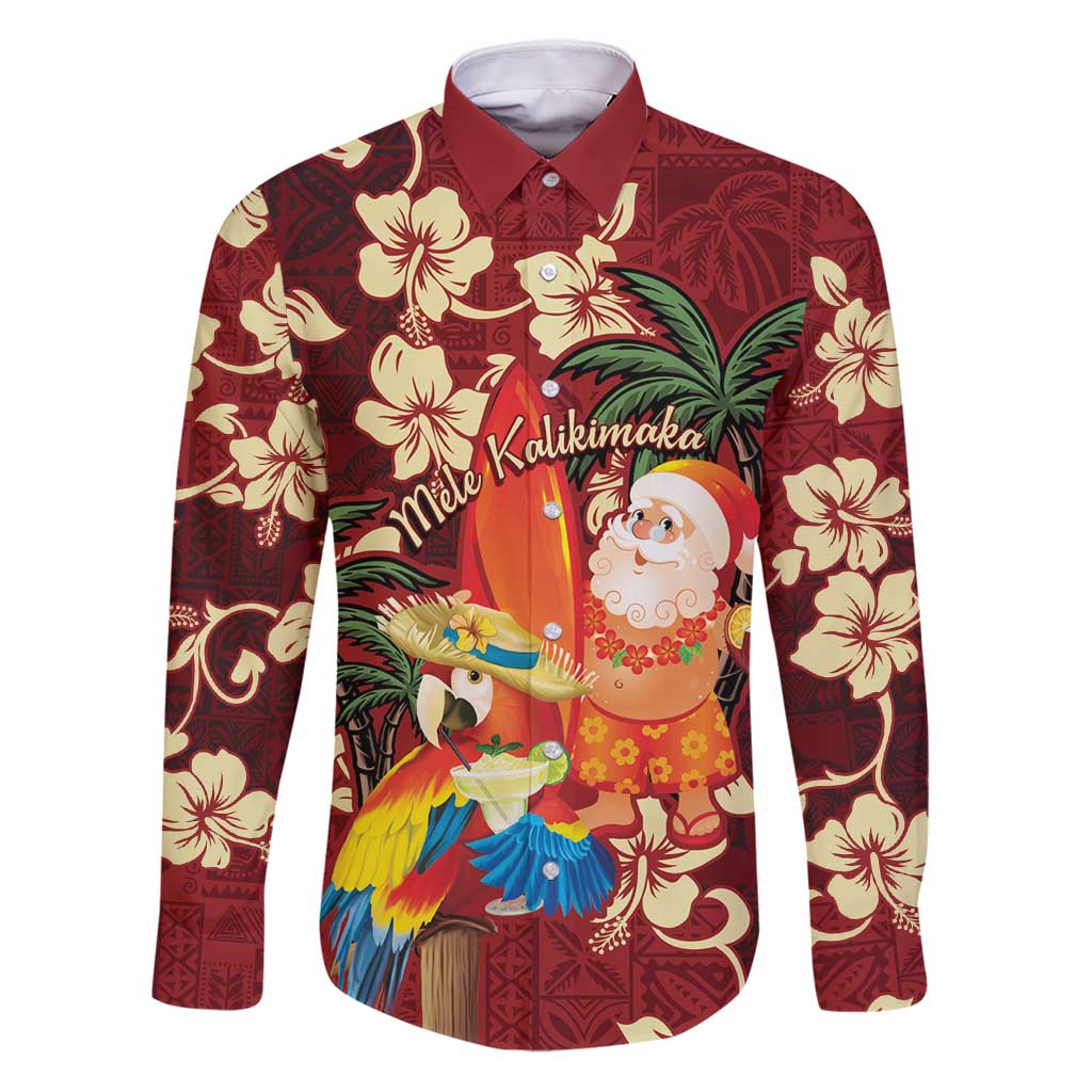 Crimson Red Tropical Christmas Hawaii Tapa Family Matching Puletasi and Hawaiian Shirt Aloha Santa Drink Party LT7 Dad's Shirt - Long Sleeve Red - Polynesian Pride