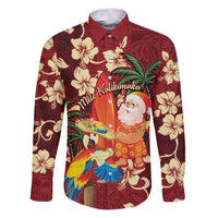 Crimson Red Tropical Christmas Hawaii Tapa Family Matching Puletasi and Hawaiian Shirt Aloha Santa Drink Party LT7 Dad's Shirt - Long Sleeve Red - Polynesian Pride