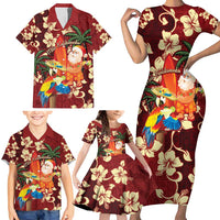 Crimson Red Tropical Christmas Hawaii Tapa Family Matching Short Sleeve Bodycon Dress and Hawaiian Shirt Aloha Santa Drink Party - Polynesian Pride