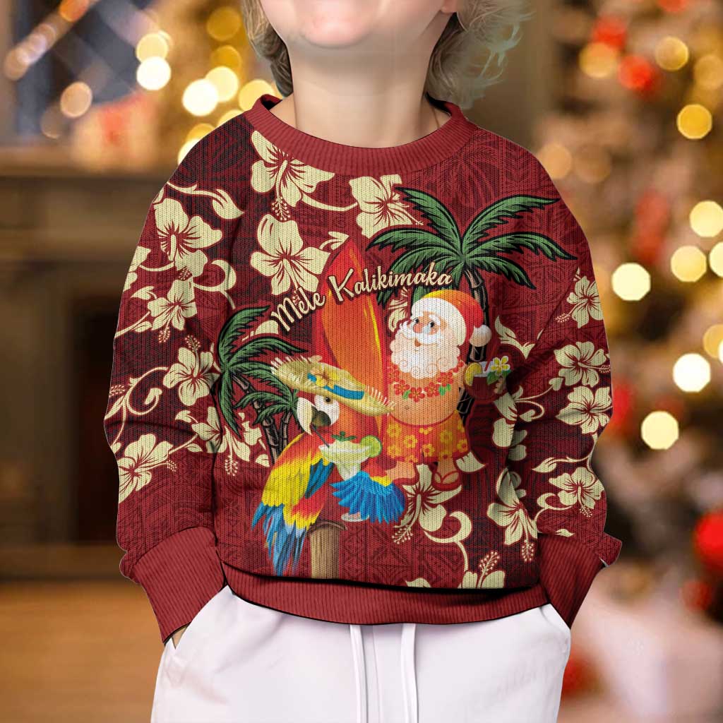 Crimson Red Tropical Christmas Hawaii Tapa Kid Ugly Christmas Sweater Aloha Santa Drink Party - Polynesian Pride
