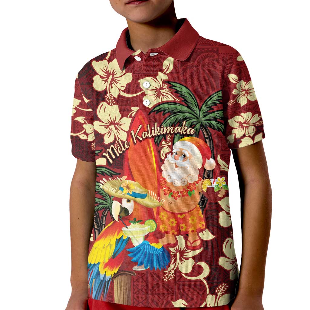 Crimson Red Tropical Christmas Hawaii Tapa Kid Polo Shirt Aloha Santa Drink Party - Polynesian Pride