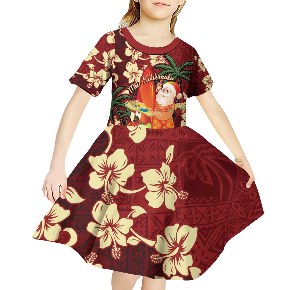 Crimson Red Tropical Christmas Hawaii Tapa Kid Short Sleeve Dress Aloha Santa Drink Party - Polynesian Pride