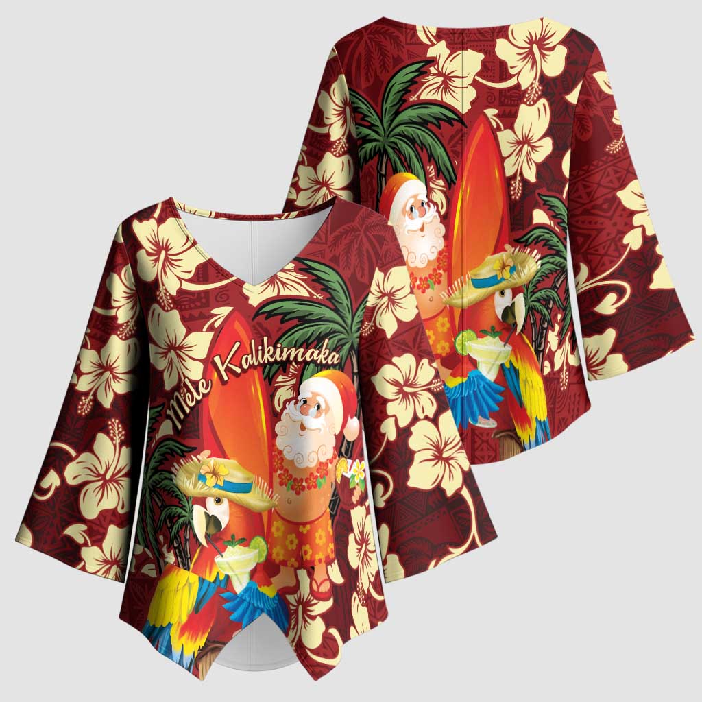 Crimson Red Tropical Christmas Hawaii Tapa Kimono Sleeve Blouse Aloha Santa Drink Party LT7 - Polynesian Pride