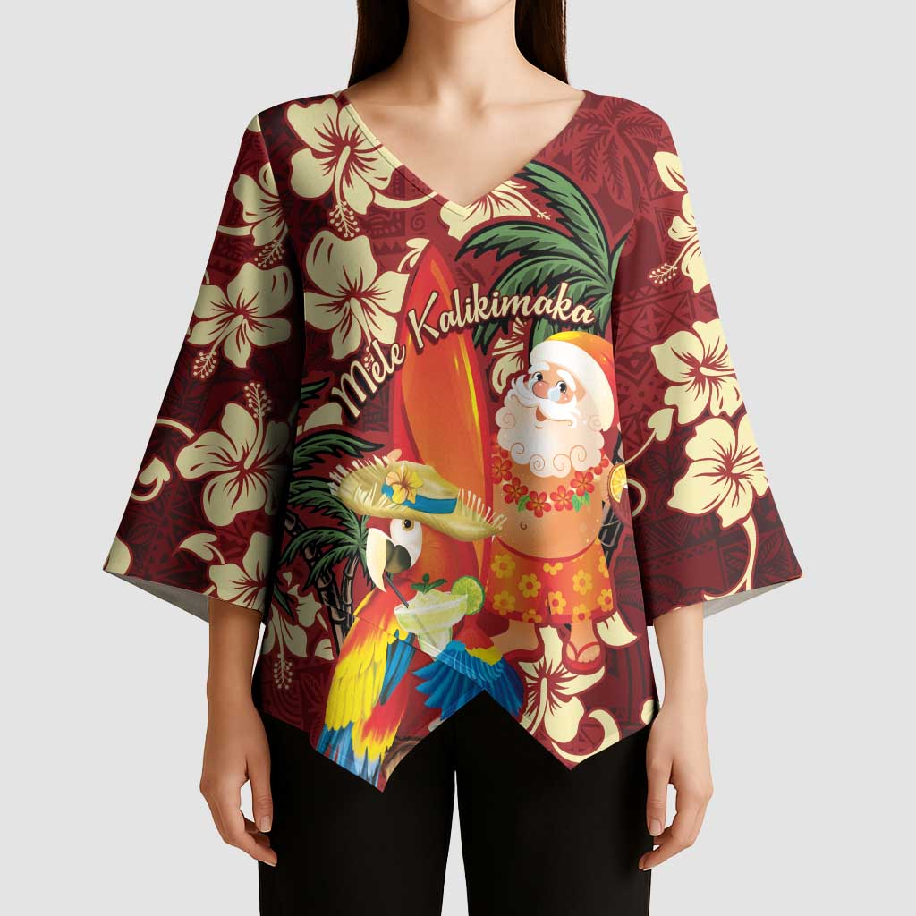 Crimson Red Tropical Christmas Hawaii Tapa Kimono Sleeve Blouse Aloha Santa Drink Party LT7 - Polynesian Pride