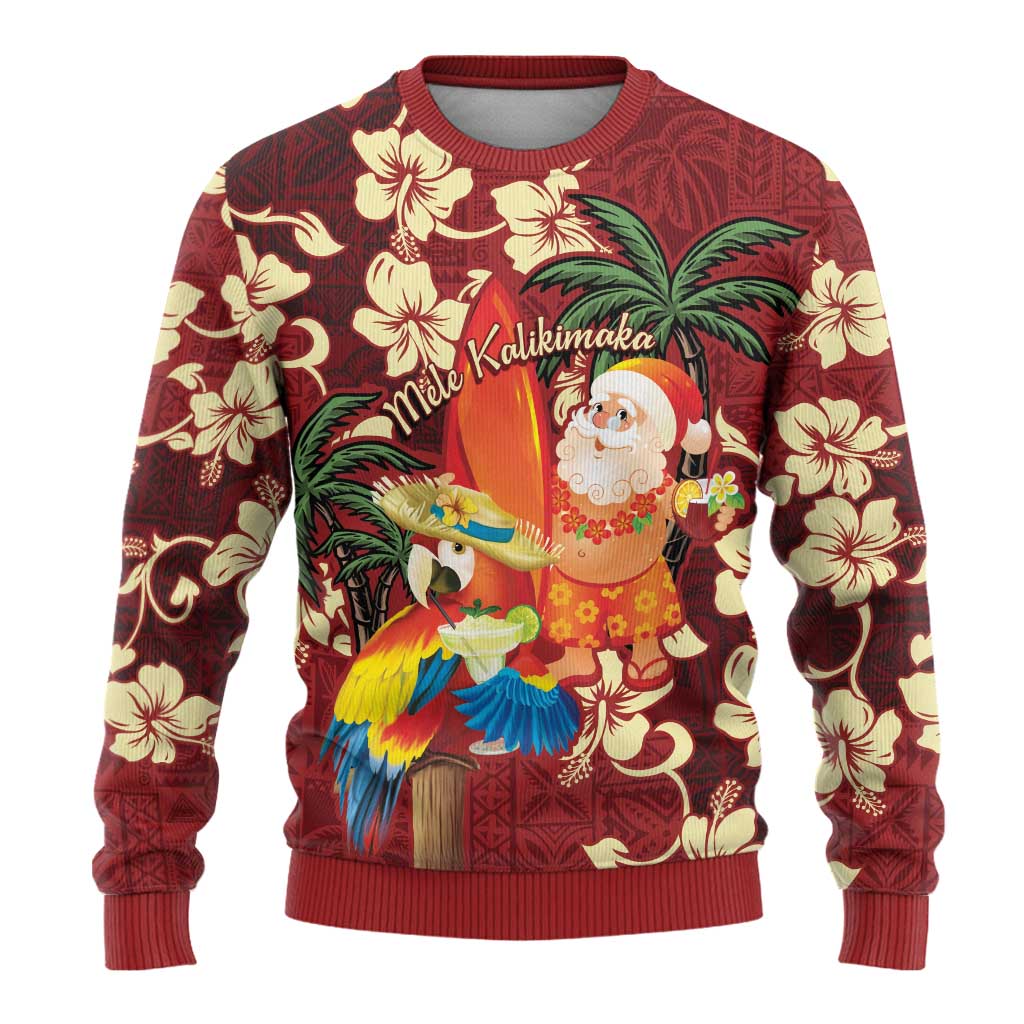 Crimson Red Tropical Christmas Hawaii Tapa Ugly Christmas Sweater Aloha Santa Drink Party - Polynesian Pride