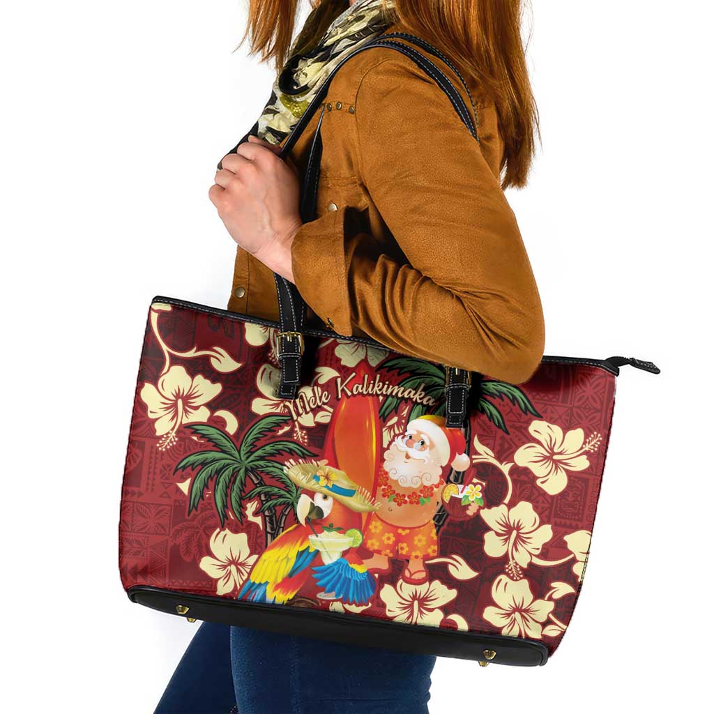 Crimson Red Tropical Christmas Hawaii Tapa Leather Tote Bag Aloha Santa Drink Party - Polynesian Pride