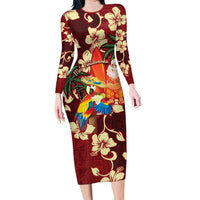 Crimson Red Tropical Christmas Hawaii Tapa Long Sleeve Bodycon Dress Aloha Santa Drink Party - Polynesian Pride