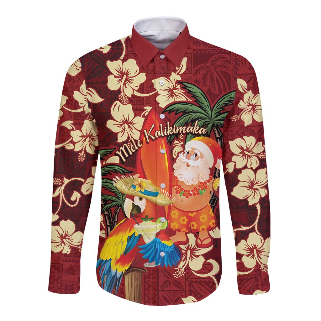 Crimson Red Tropical Christmas Hawaii Tapa Long Sleeve Button Shirt Aloha Santa Drink Party LT7 Unisex Red - Polynesian Pride