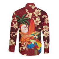 Crimson Red Tropical Christmas Hawaii Tapa Long Sleeve Button Shirt Aloha Santa Drink Party LT7 - Polynesian Pride