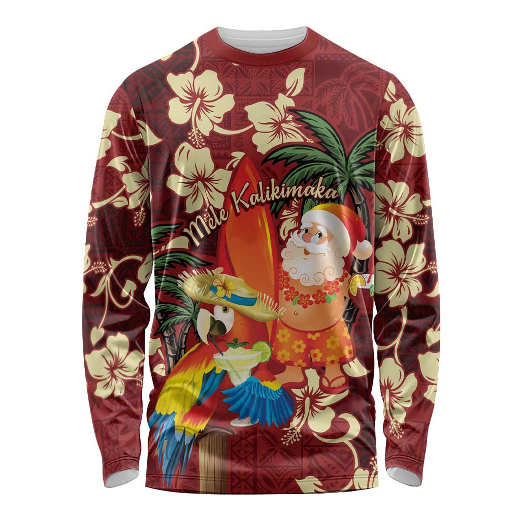 Crimson Red Tropical Christmas Hawaii Tapa Long Sleeve Shirt Aloha Santa Drink Party LT7 Unisex Red - Polynesian Pride