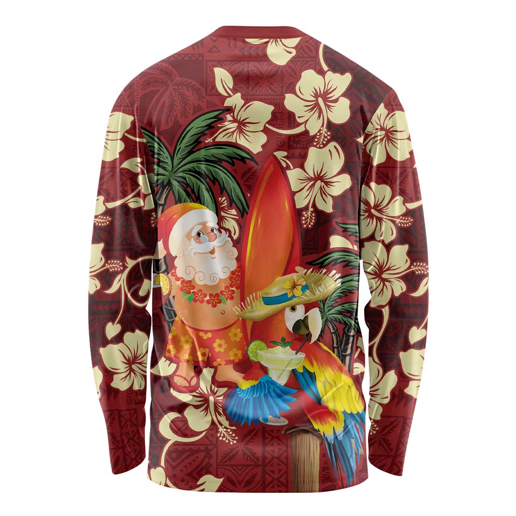 Crimson Red Tropical Christmas Hawaii Tapa Long Sleeve Shirt Aloha Santa Drink Party LT7 - Polynesian Pride